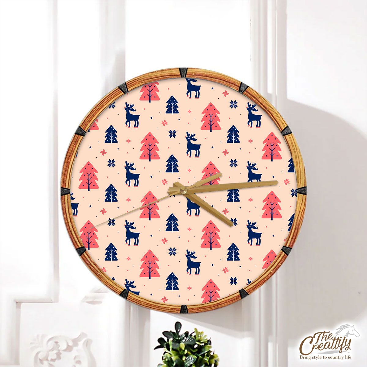 Deer And Pine Tree Sillhouette Pattern Wall Clock