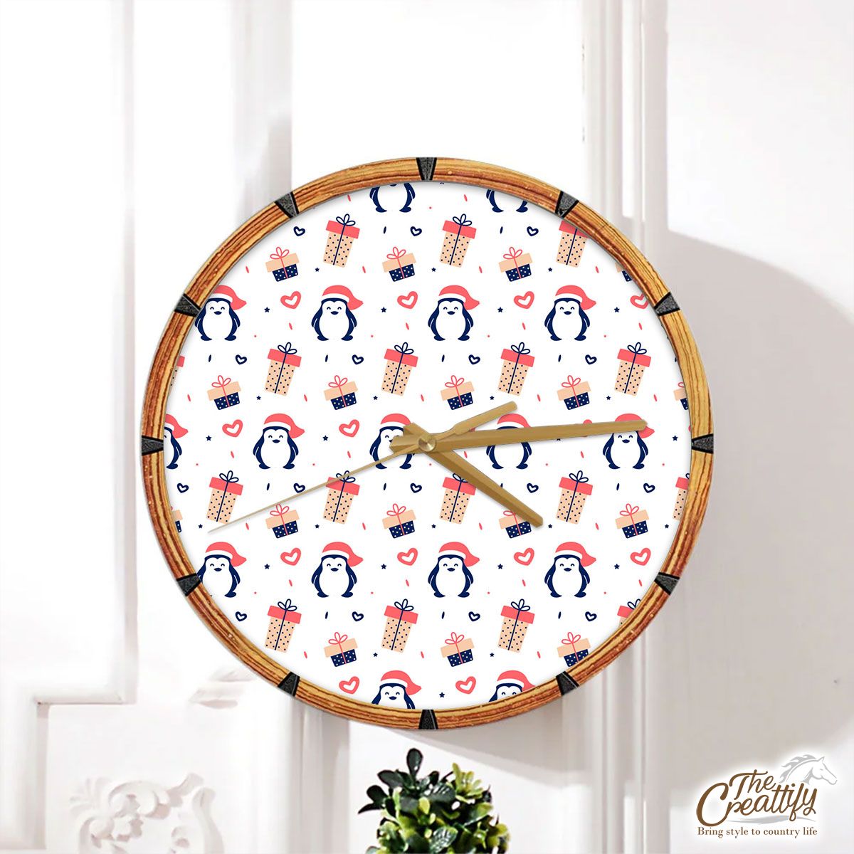 Penguin With Christmas Hat, Christmas Gifts Pattern Wall Clock