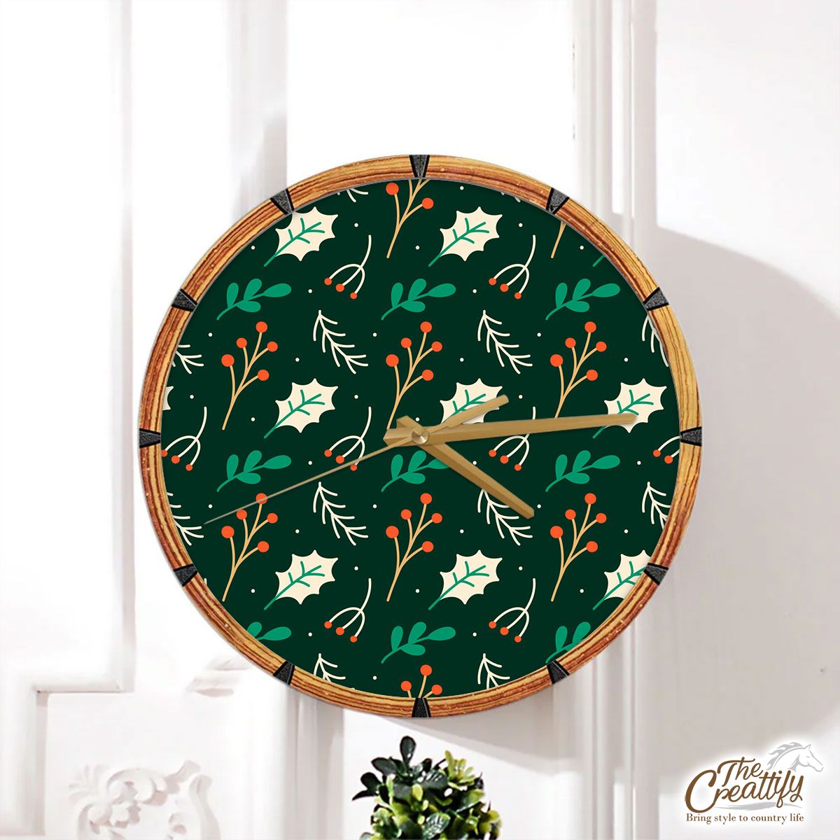Red Berries And Holly Leaf Pattern Wall Clock
