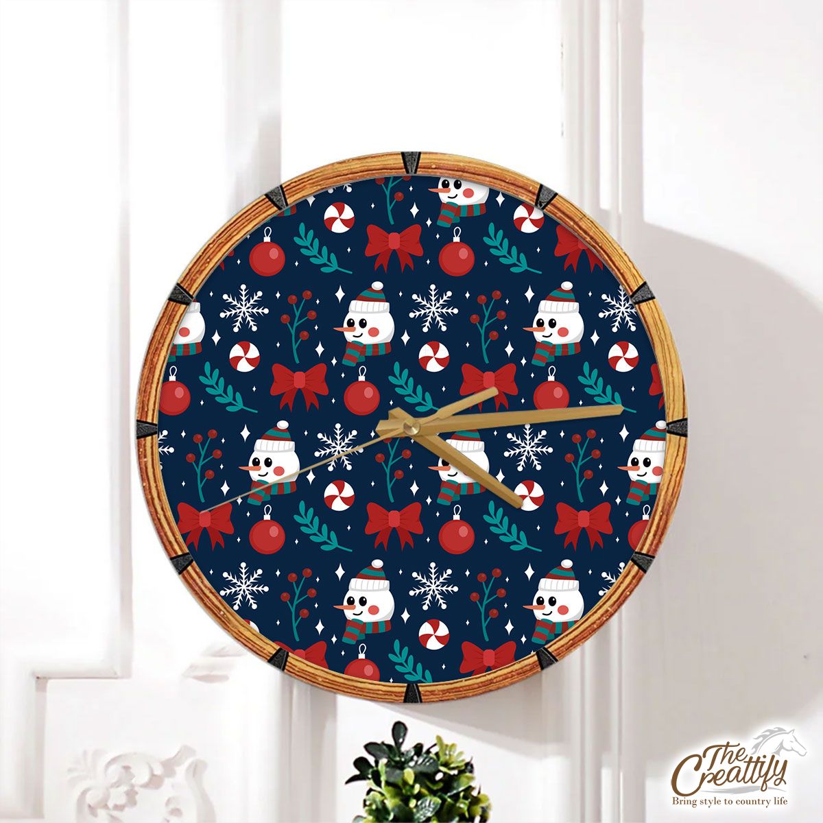 Snowman Face With Baubles And Christmas Bow Wall Clock