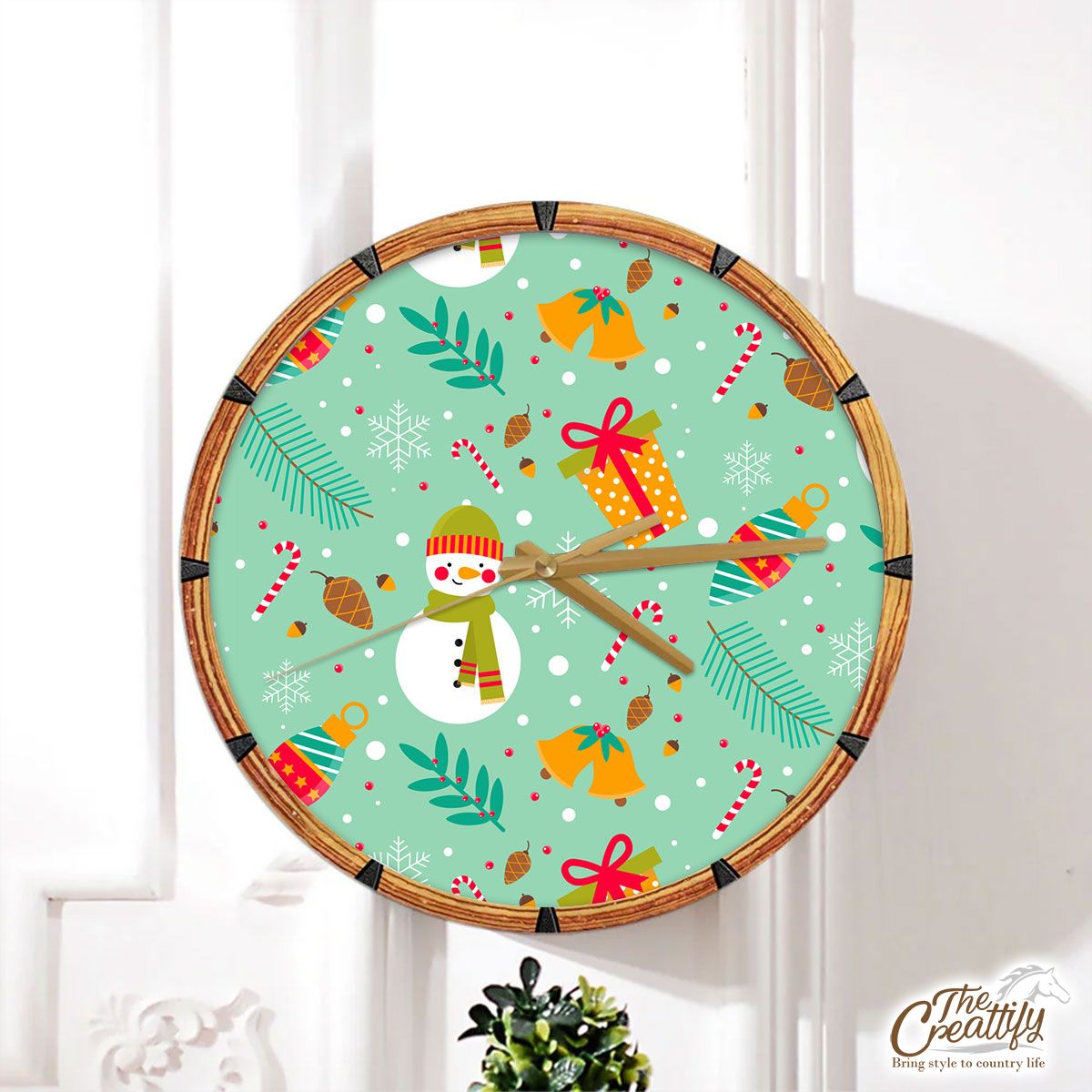 Snowman With Christmas Bells Pattern Wall Clock