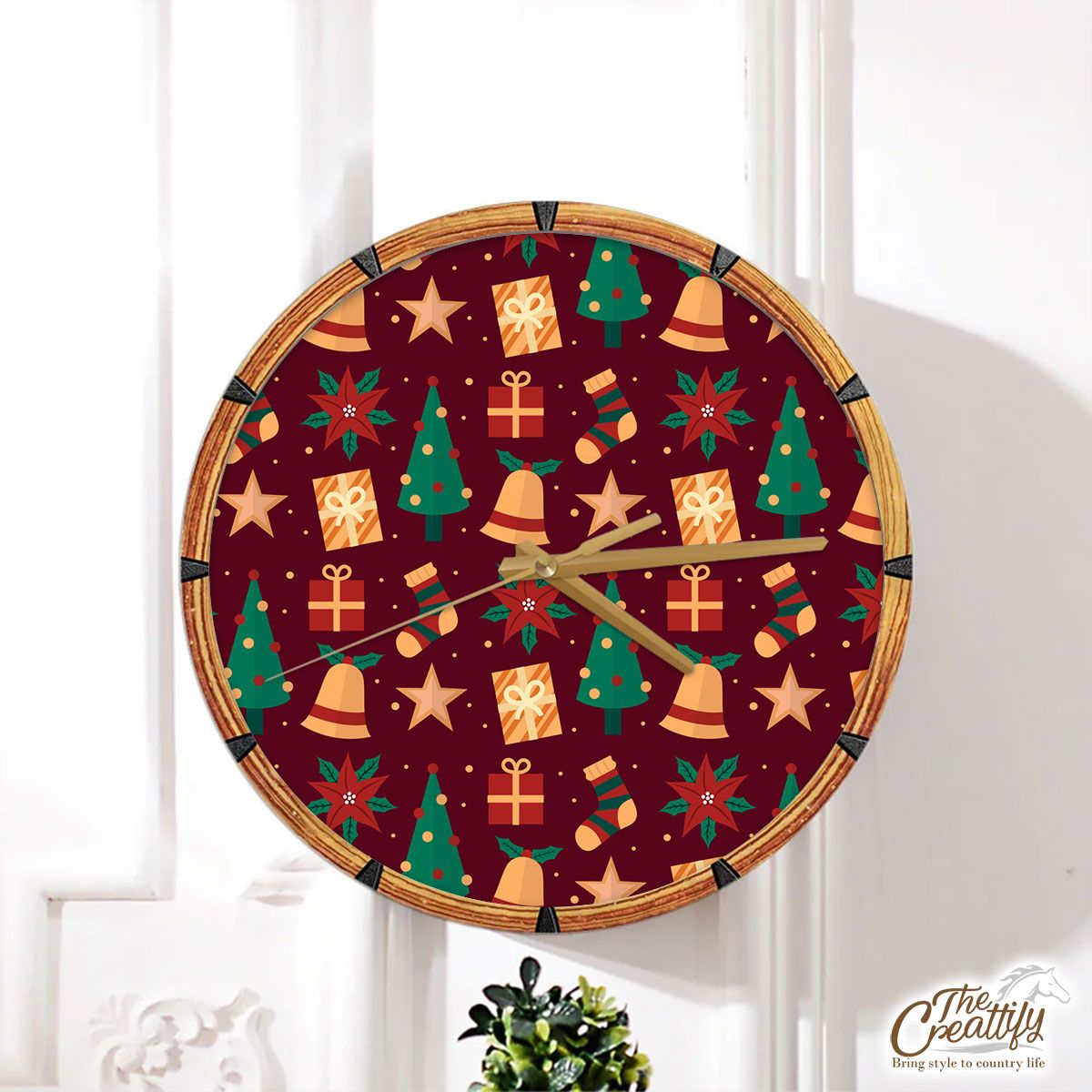 Thuja With Christmas Bells Pattern Wall Clock