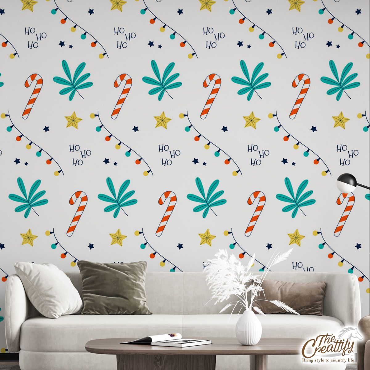 Candy Cane And Christmas Lights Wall Mural