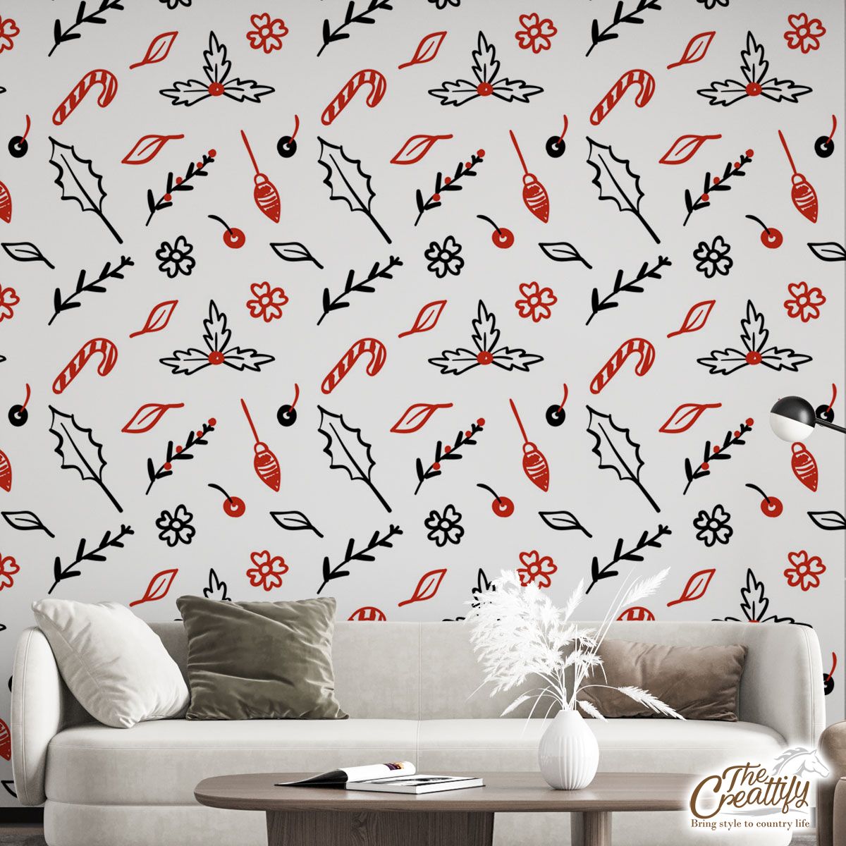 Christmas Lights, Candy Cane And Holly Tree Wall Mural
