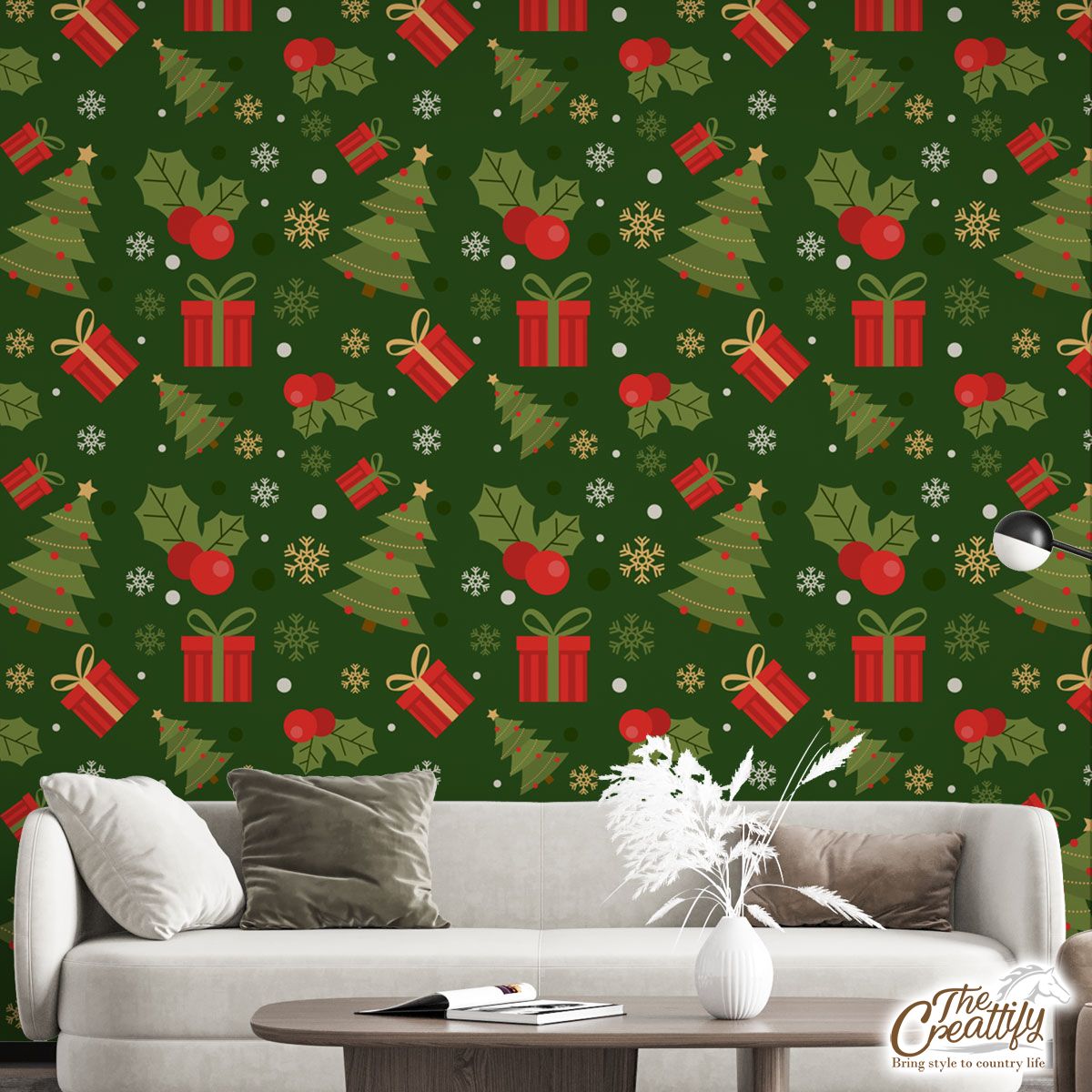 Christmas Tree With Holly Leaf And Presents Wall Mural