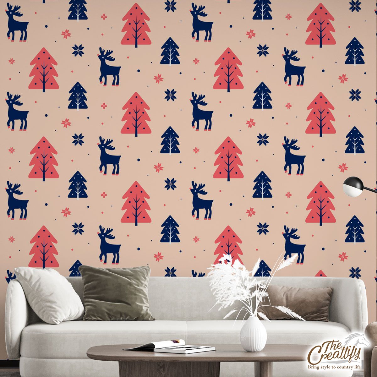 Deer And Pine Tree Sillhouette Pattern Wall Mural
