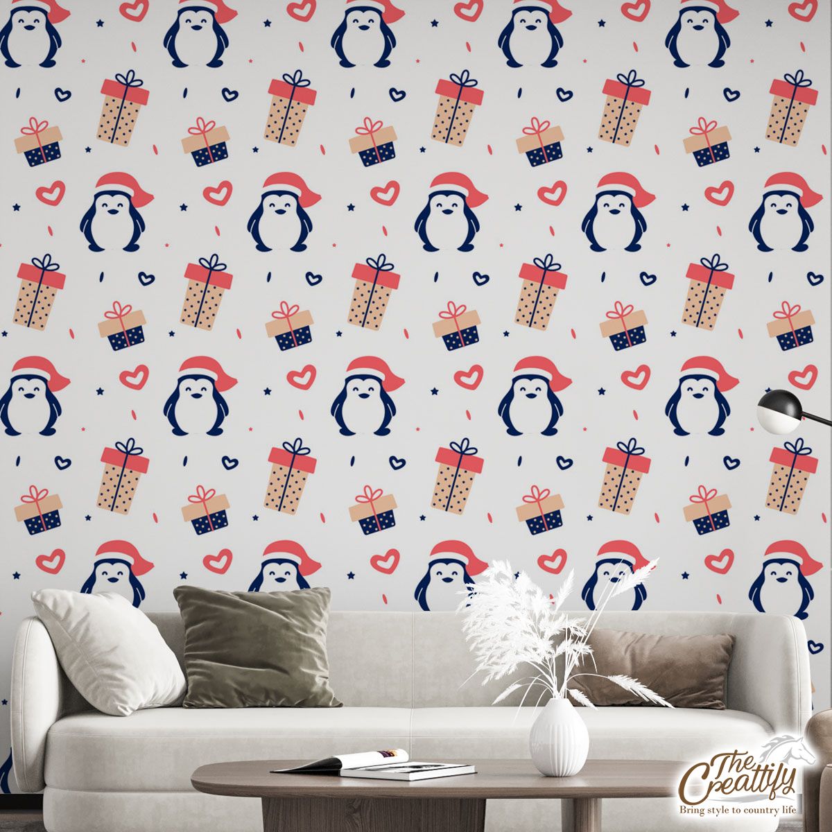 Penguin With Christmas Hat, Christmas Gifts Pattern Wall Mural