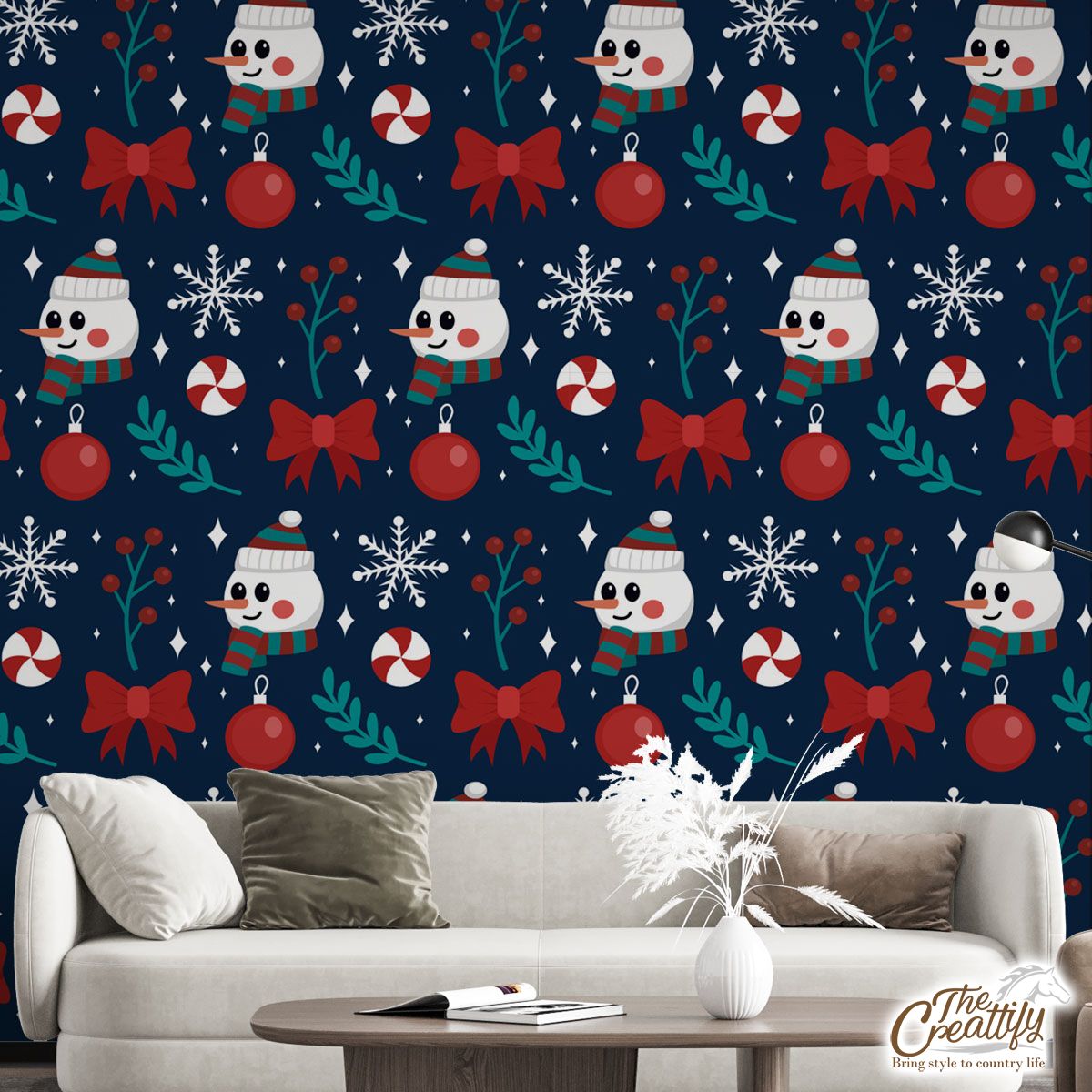 Snowman Face With Baubles And Christmas Bow Wall Mural