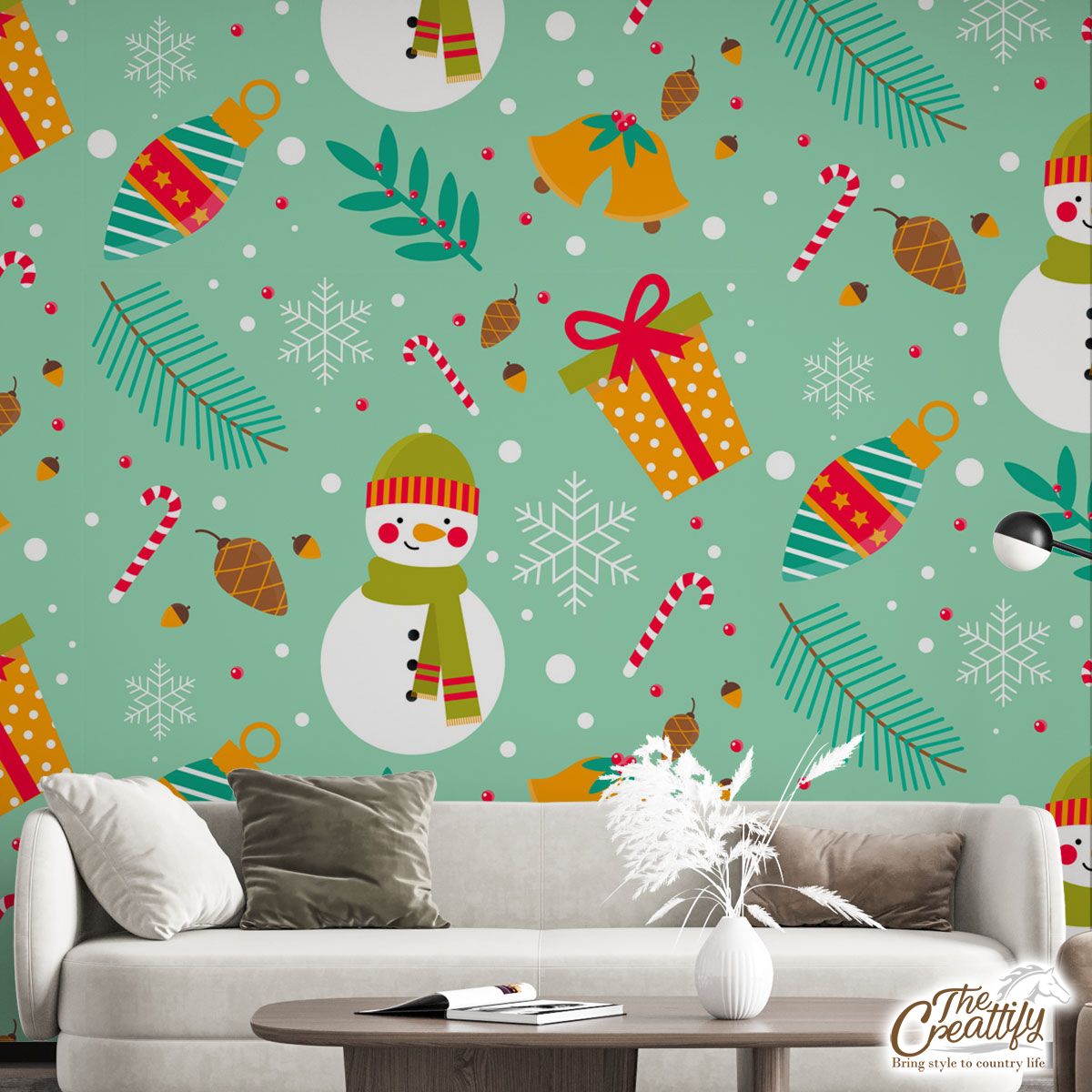 Snowman With Christmas Bells Pattern Wall Mural