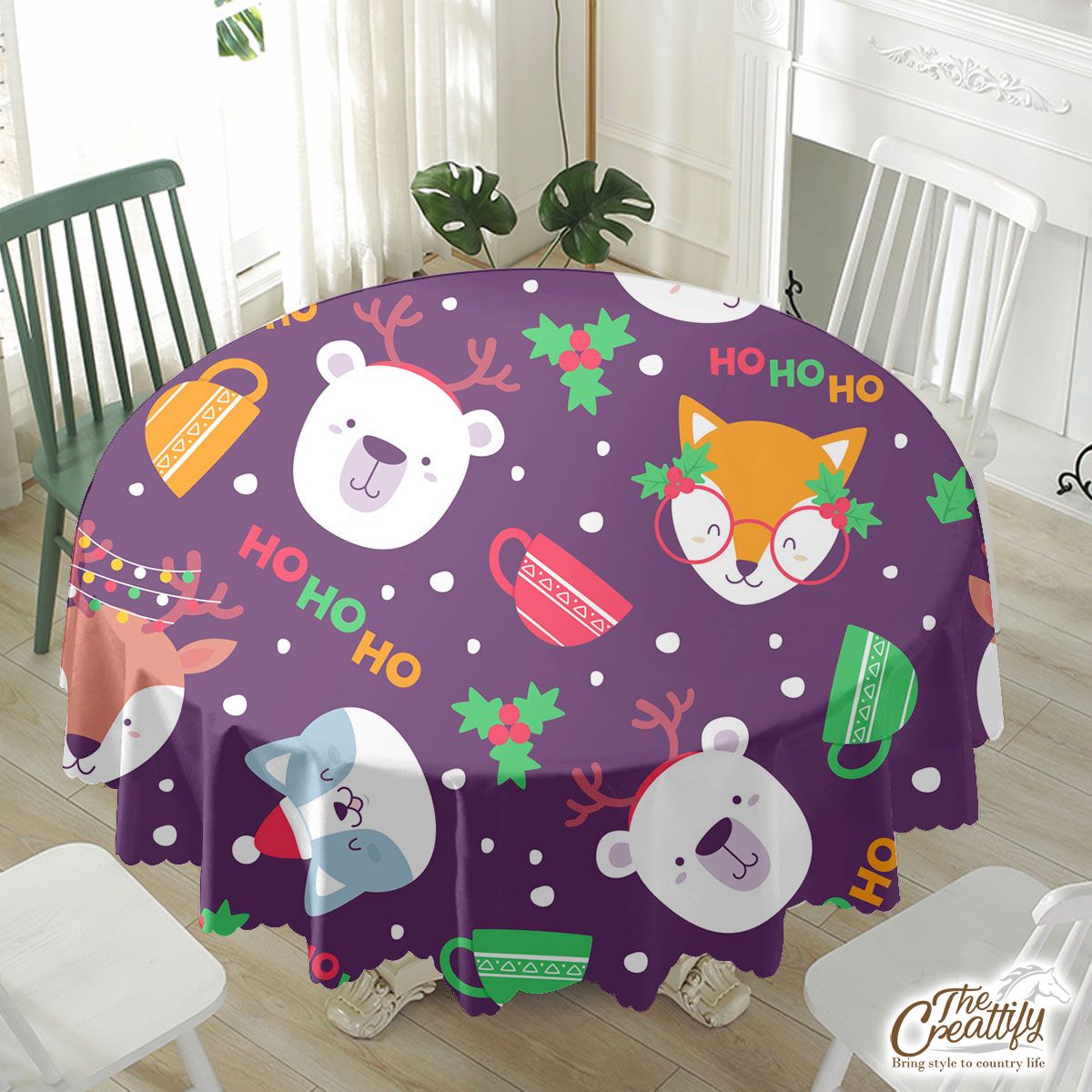 Animal With Tea Cup And Holly Tree Waterproof Tablecloth