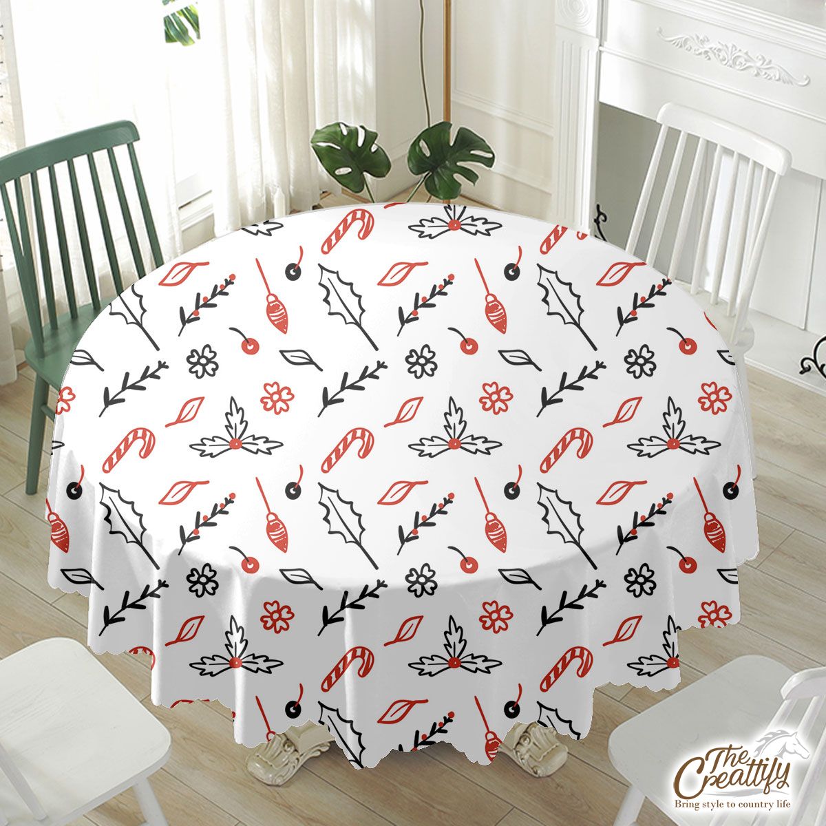 Christmas Lights, Candy Cane And Holly Tree Waterproof Tablecloth