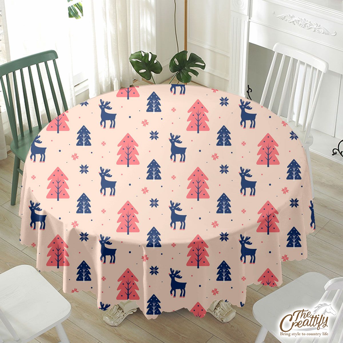 Deer And Pine Tree Sillhouette Pattern Waterproof Tablecloth