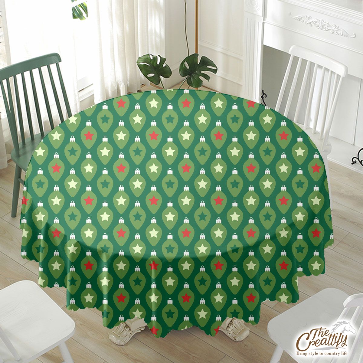 Green Christmas Lights And Colorful Stars Waterproof Tablecloth