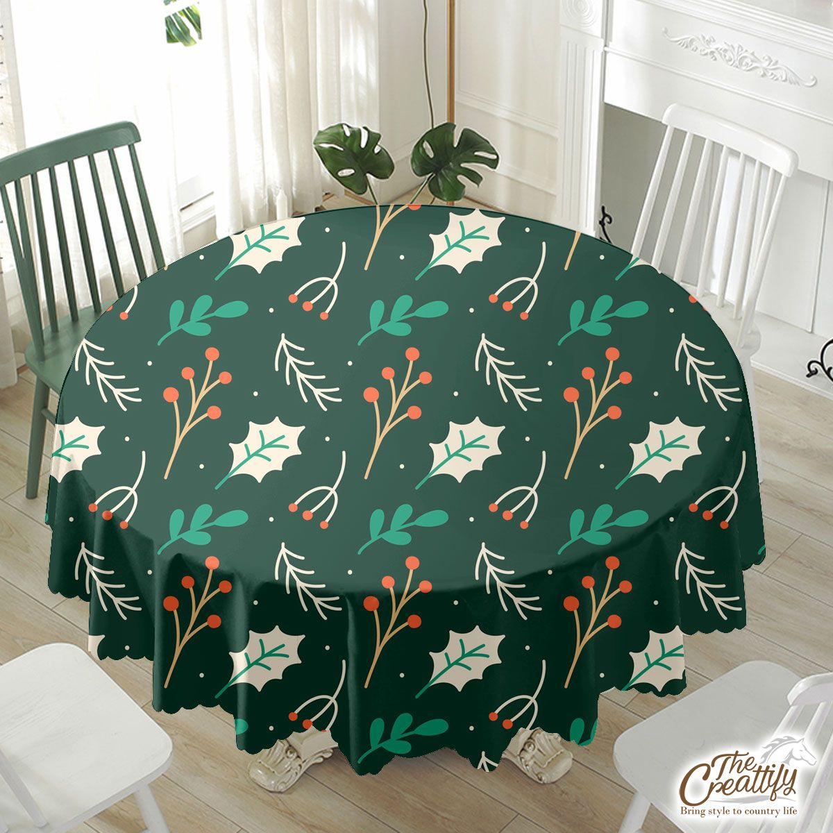 Red Berries And Holly Leaf Pattern Waterproof Tablecloth