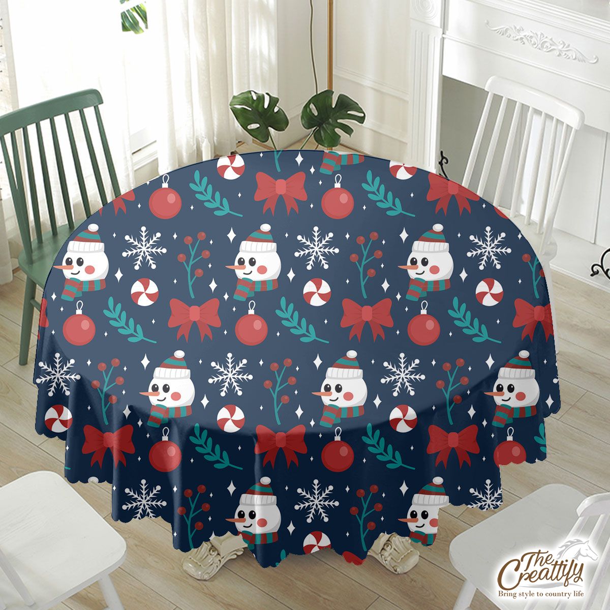 Snowman Face With Baubles And Christmas Bow Waterproof Tablecloth