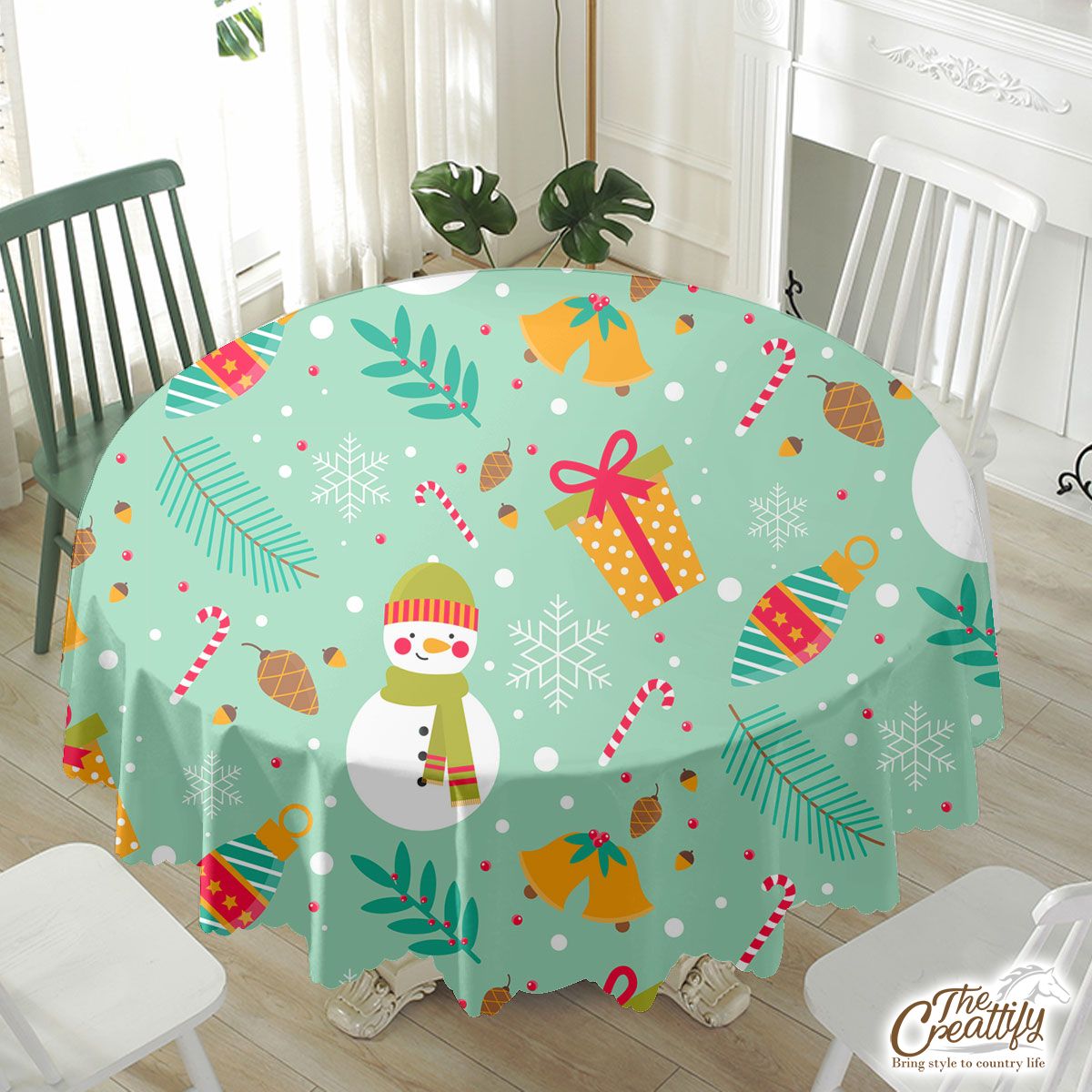 Snowman With Christmas Bells Pattern Waterproof Tablecloth