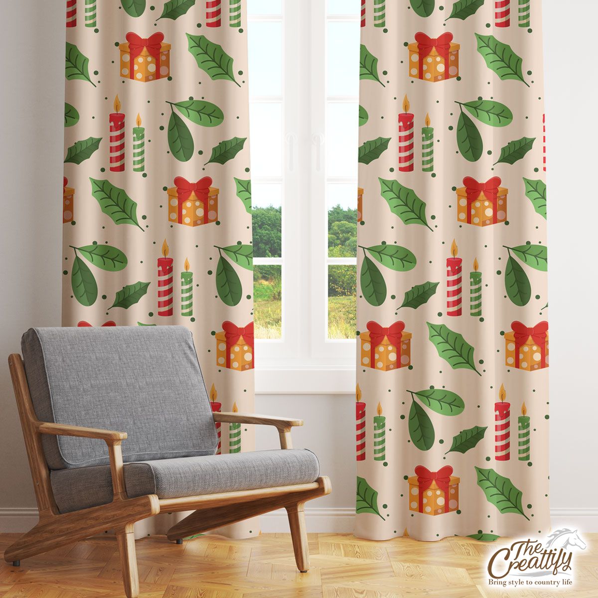 Christmas Gifts And Candles Pattern Window Curtain