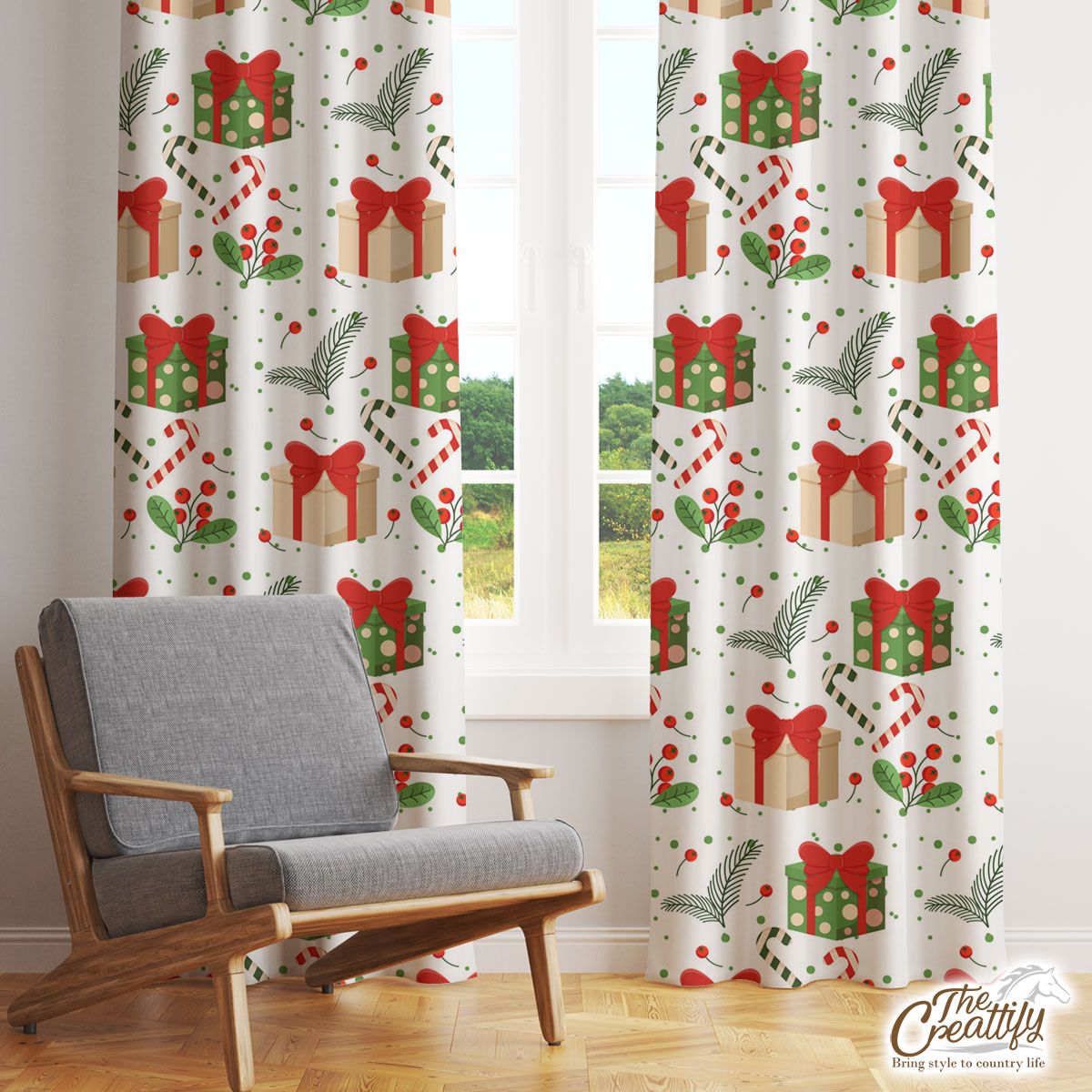 Christmas Gifts And Red Berries Window Curtain