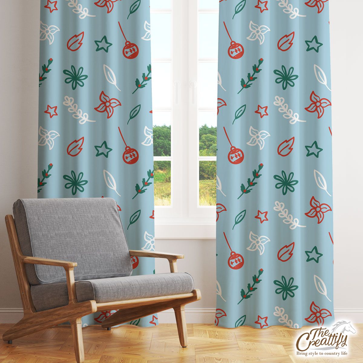 Christmas Lights, Candy Cane And Holly Tree  3 Window Curtain