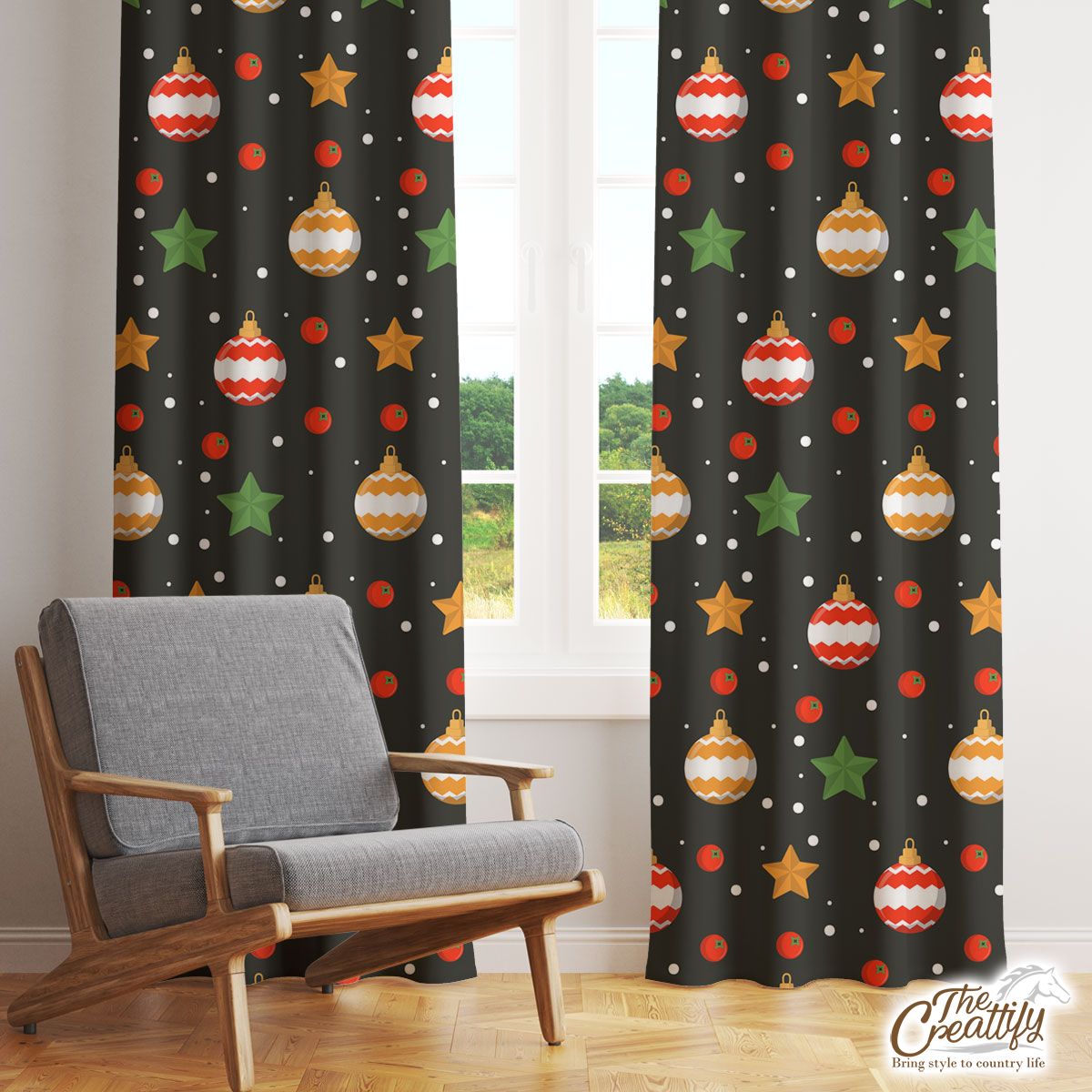 Christmas Star And Baubles Seamless Pattern Window Curtain