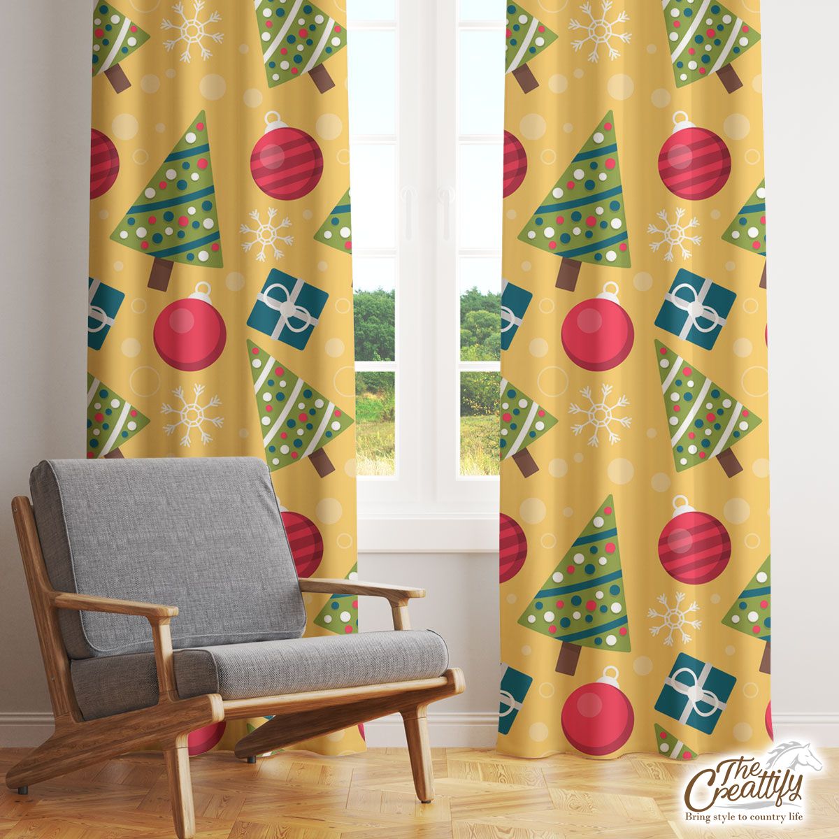 Christmas Tree And Baubles Pattern Window Curtain