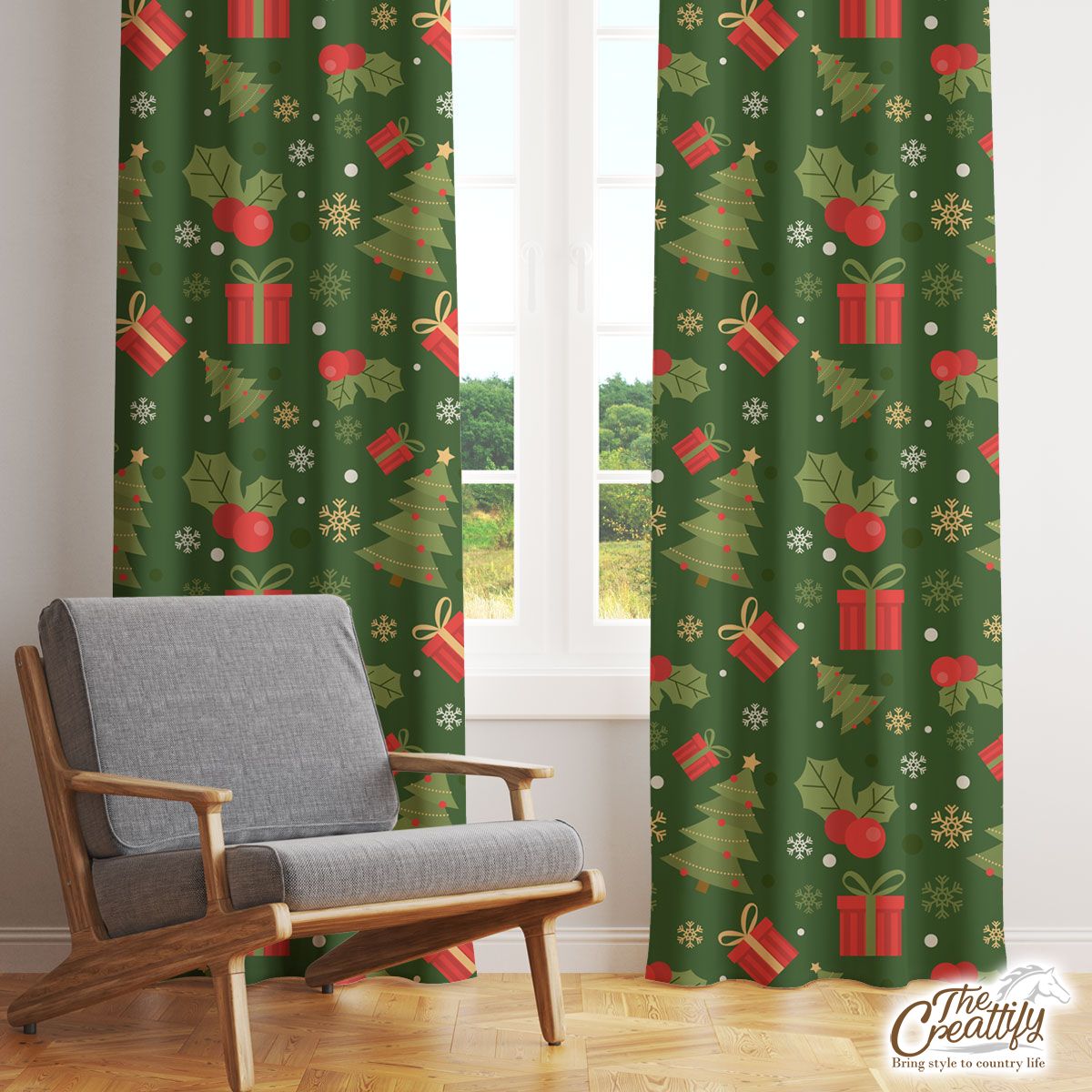 Christmas Tree With Holly Leaf And Presents Window Curtain