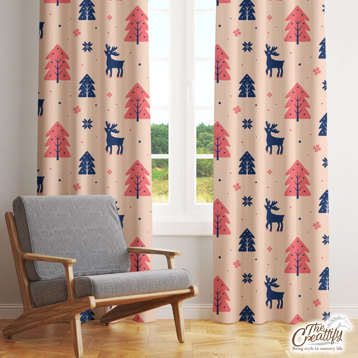 Deer And Pine Tree Sillhouette Pattern Window Curtain