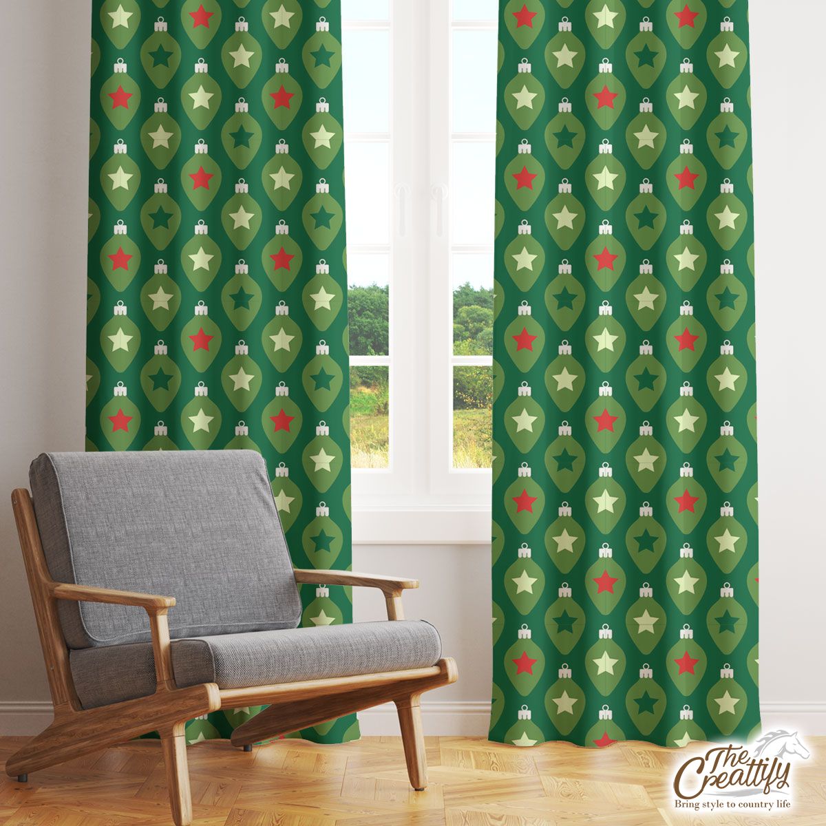 Green Christmas Lights And Colorful Stars Window Curtain
