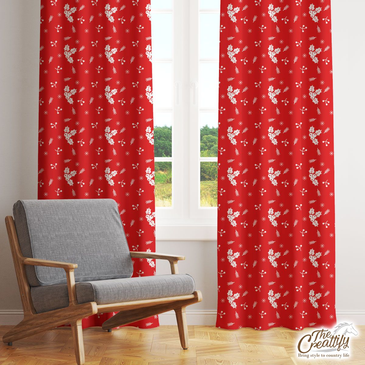 Holly Tree And Snowflake Window Curtain