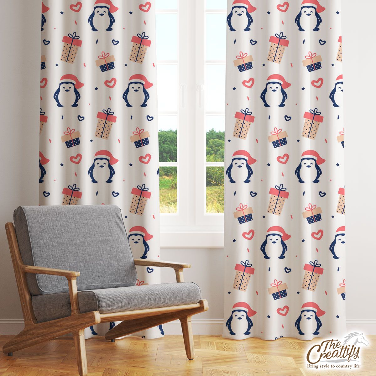 Penguin With Christmas Hat, Christmas Gifts Pattern Window Curtain