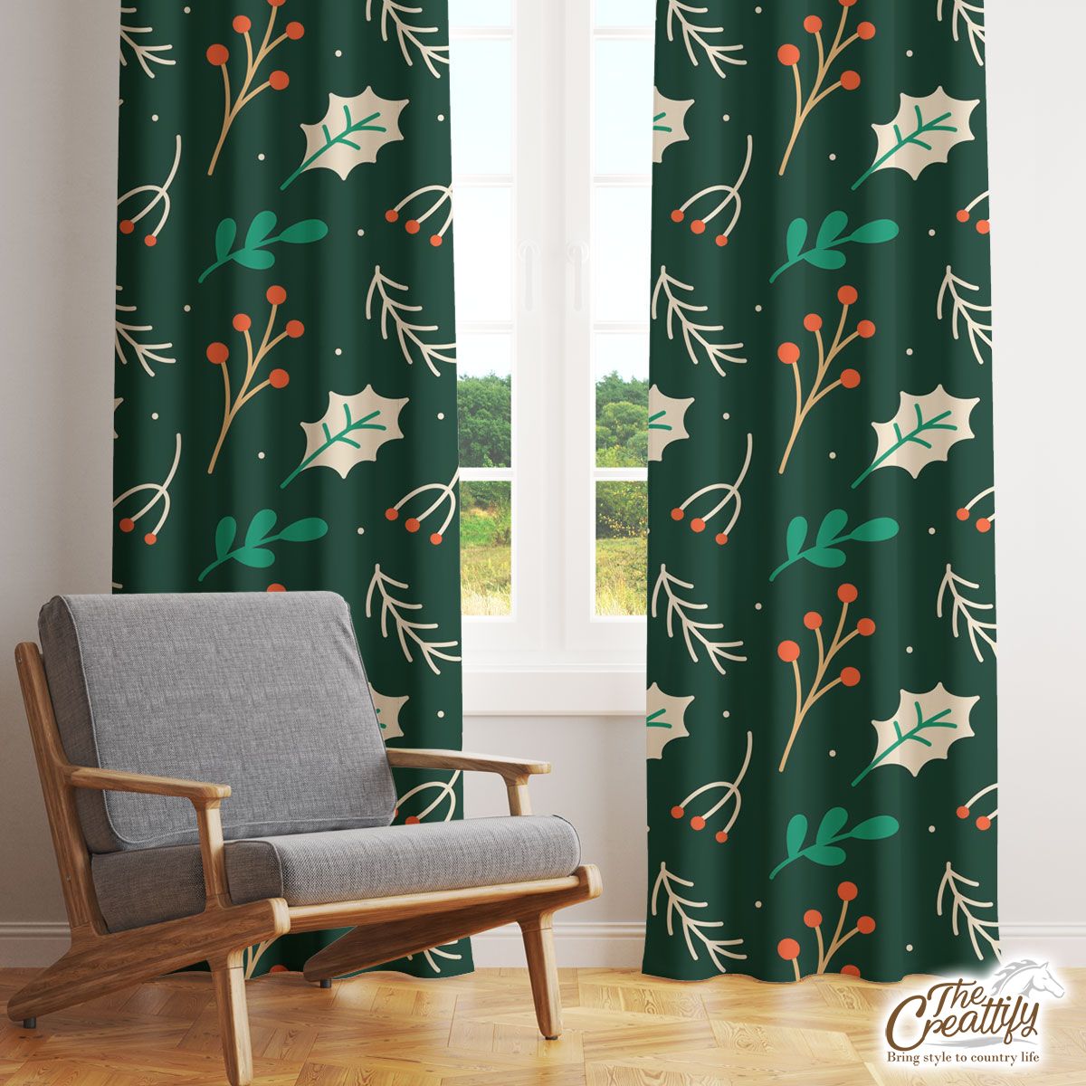 Red Berries And Holly Leaf Pattern Window Curtain