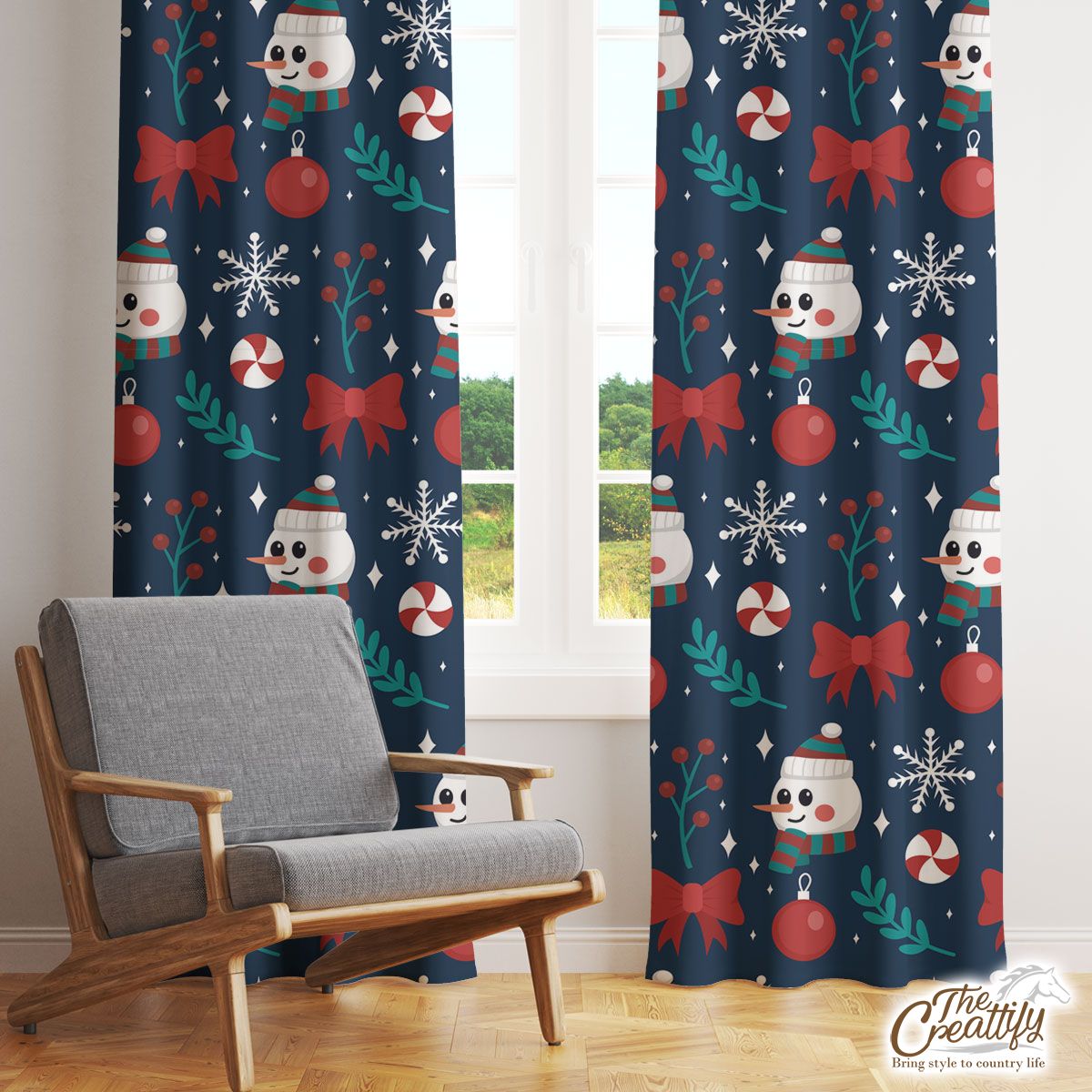 Snowman Face With Baubles And Christmas Bow Window Curtain