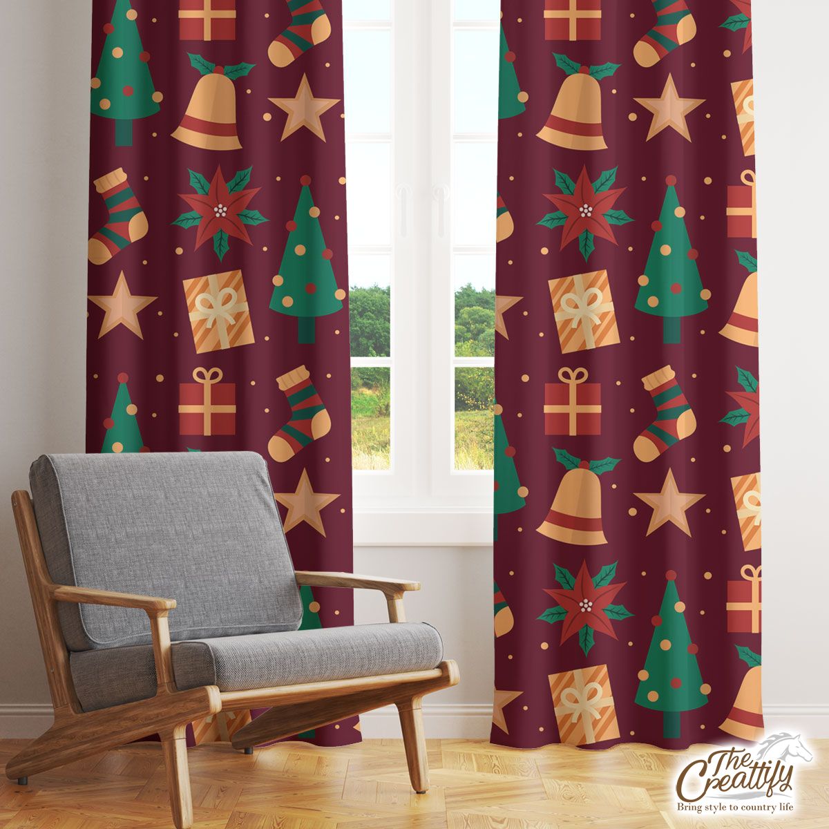 Thuja With Christmas Bells Pattern Window Curtain