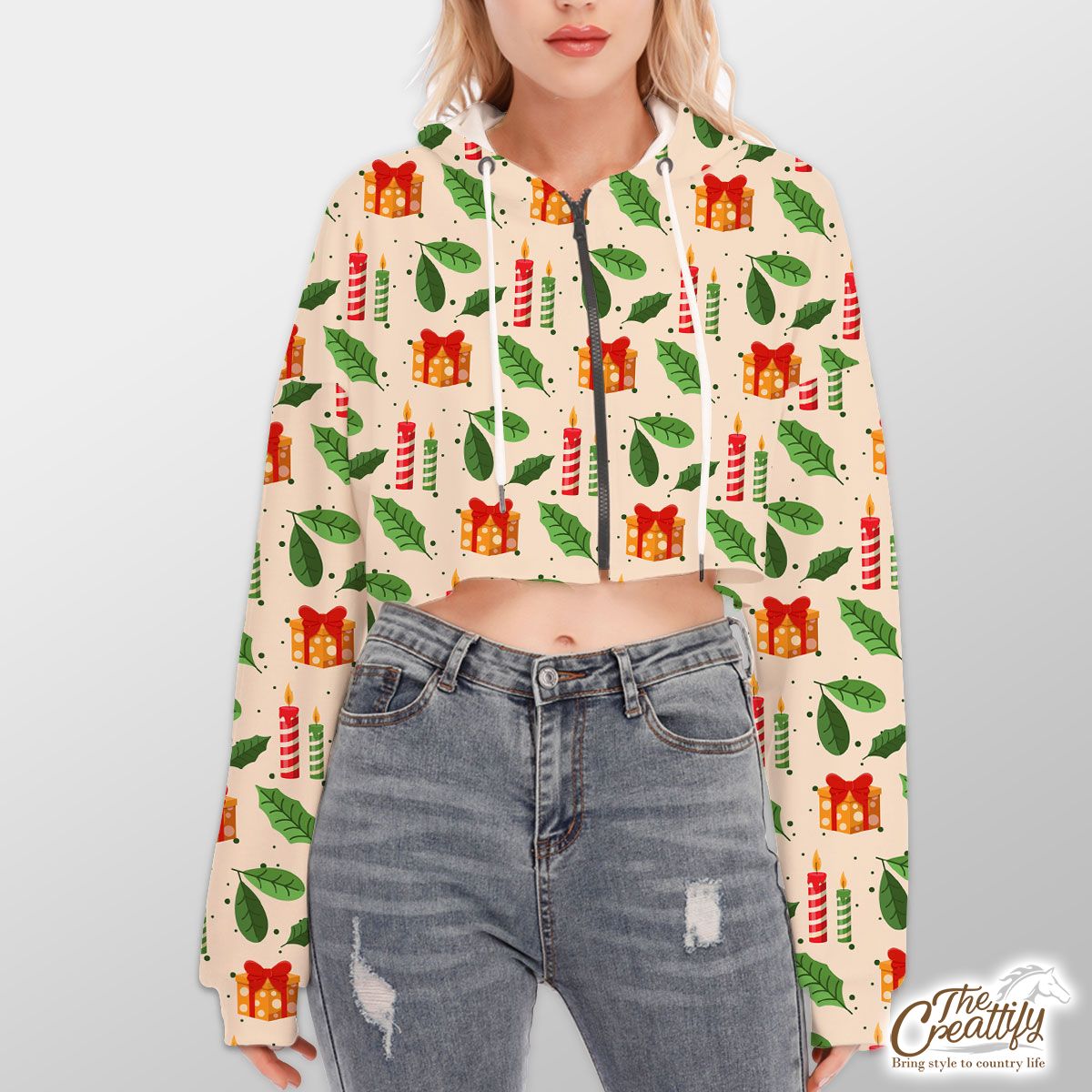 Christmas Gifts And Candles Pattern Hoodie With Zipper Closure