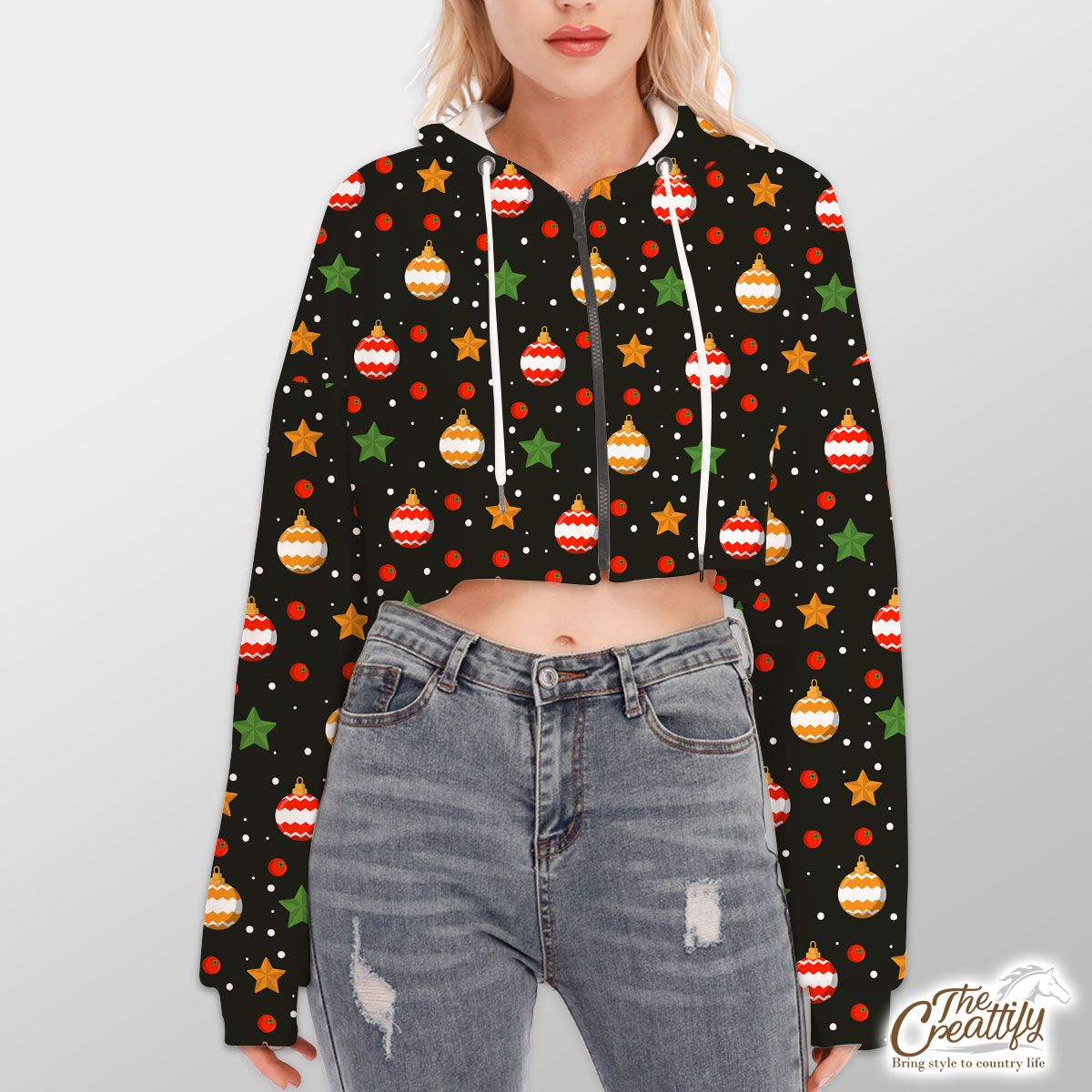 Christmas Star And Baubles Seamless Pattern Hoodie With Zipper Closure