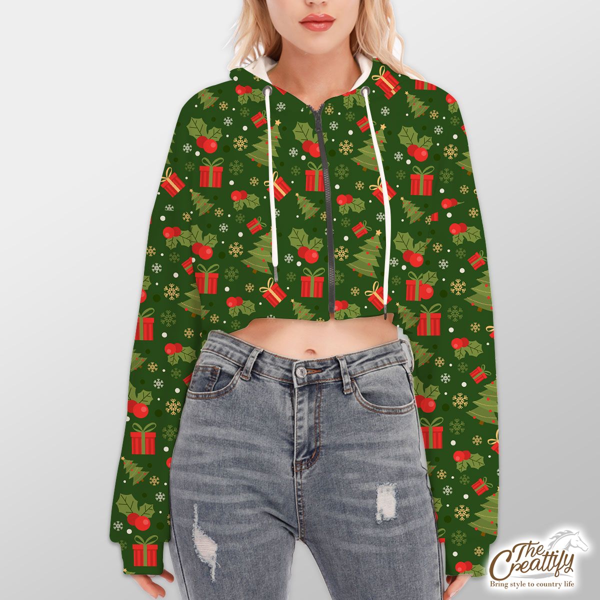 Christmas Tree With Holly Leaf And Presents Hoodie With Zipper Closure