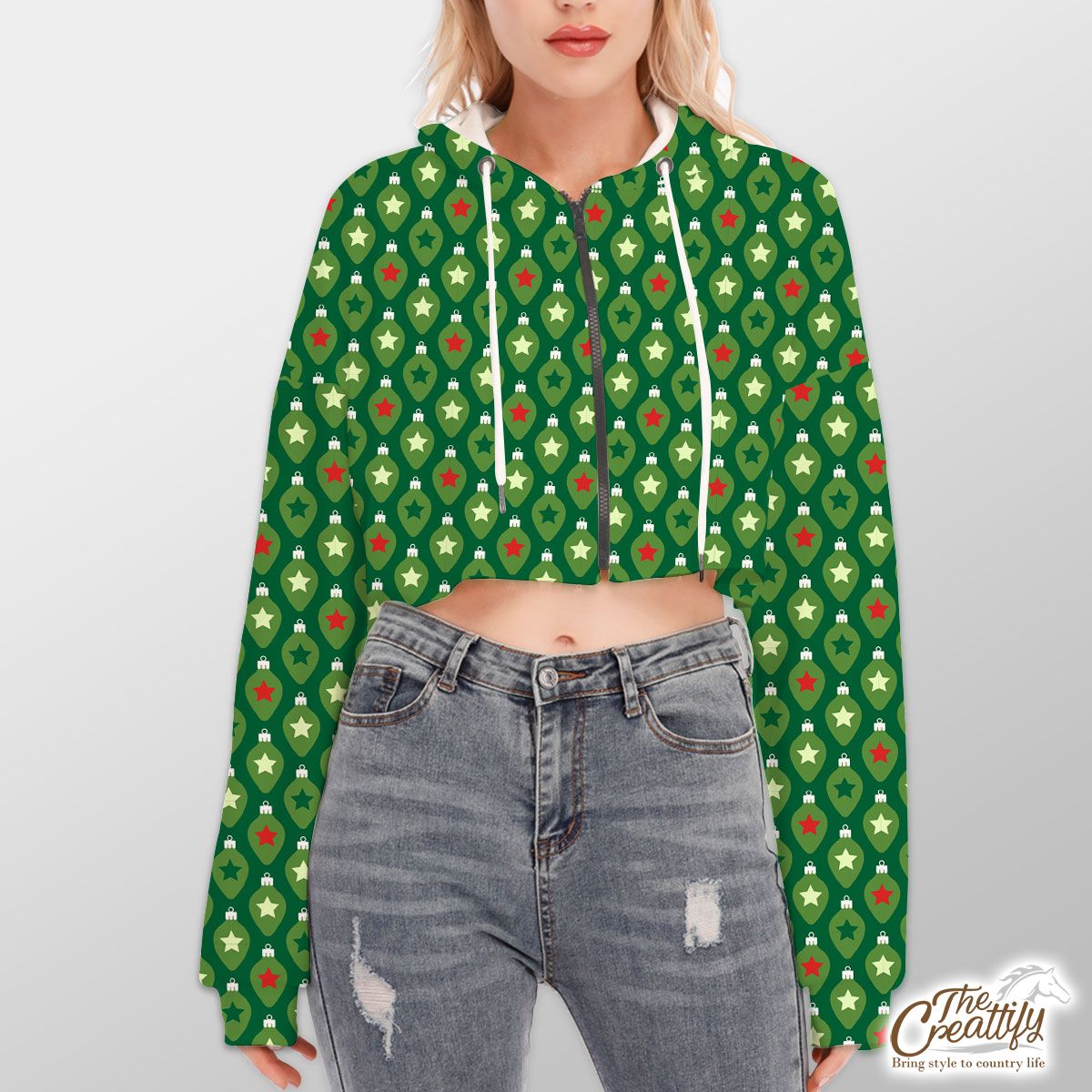 Green Christmas Lights And Colorful Stars Hoodie With Zipper Closure