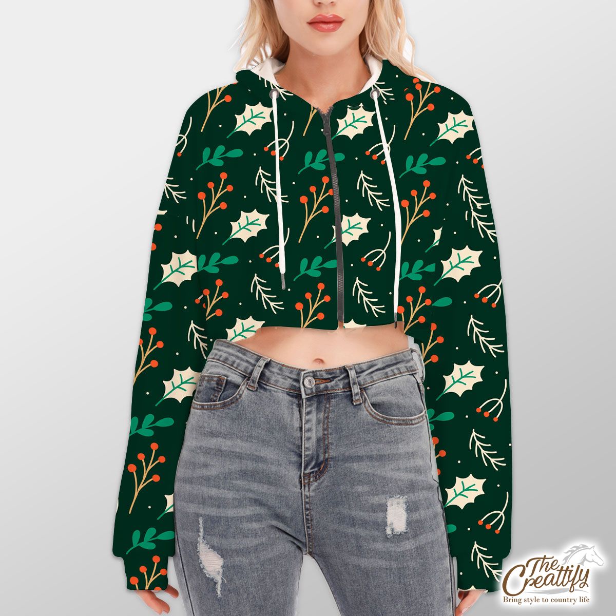 Red Berries And Holly Leaf Pattern Hoodie With Zipper Closure