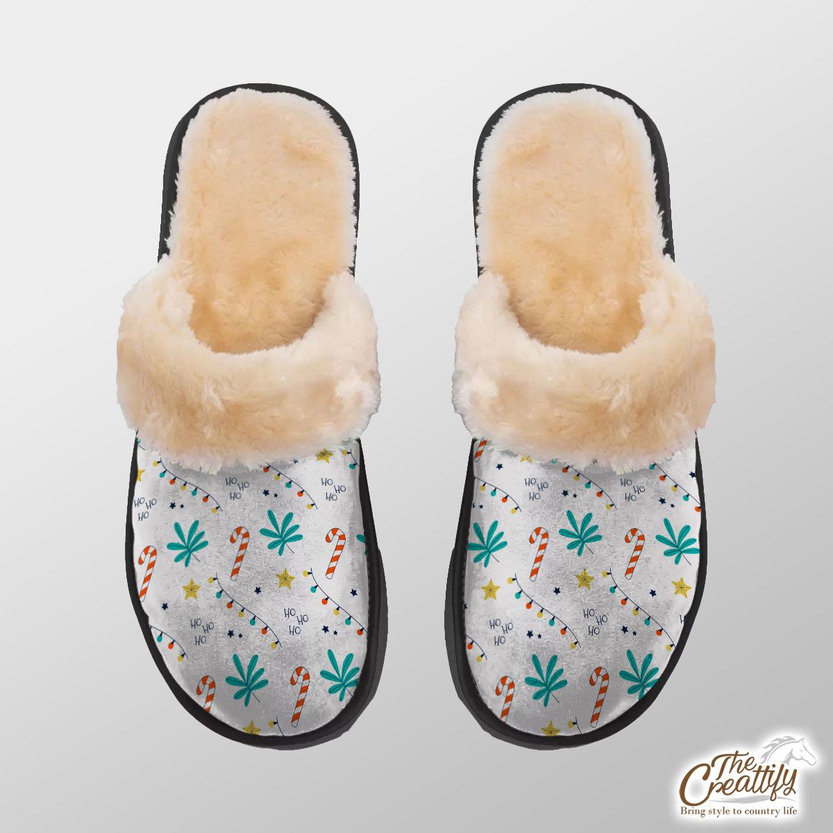 Candy Cane And Christmas Lights Home Plush Slippers