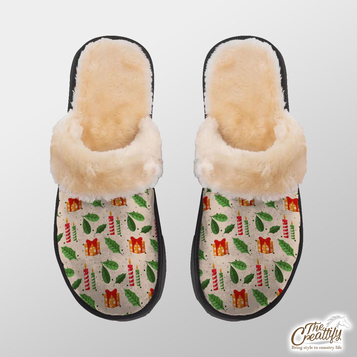Christmas Gifts And Candles Pattern Home Plush Slippers