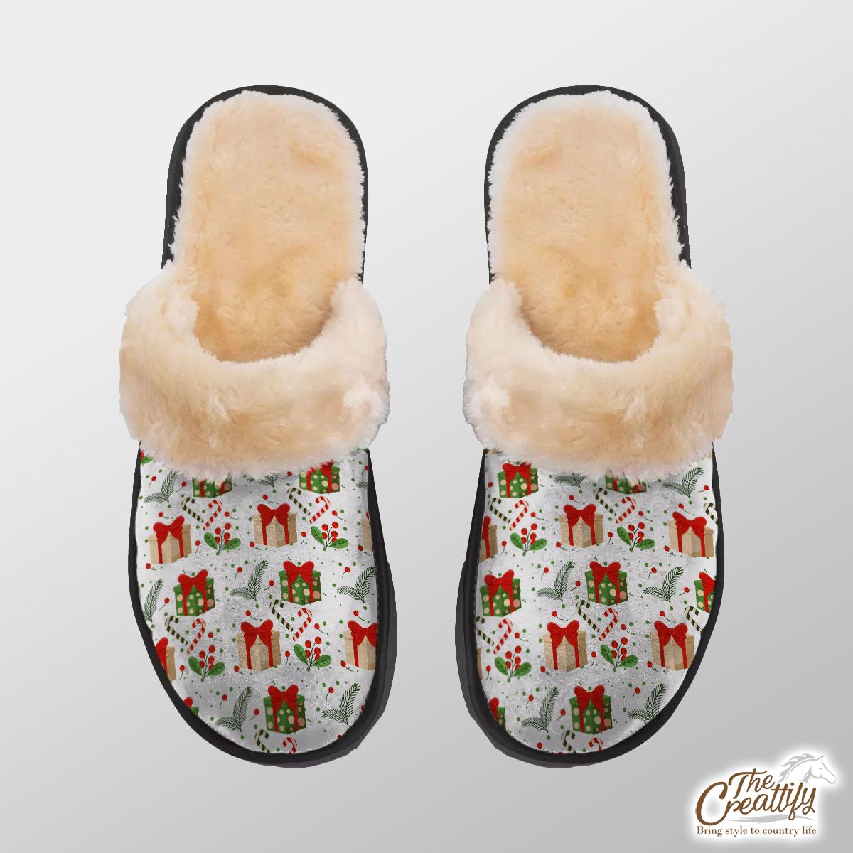 Christmas Gifts And Red Berries Home Plush Slippers