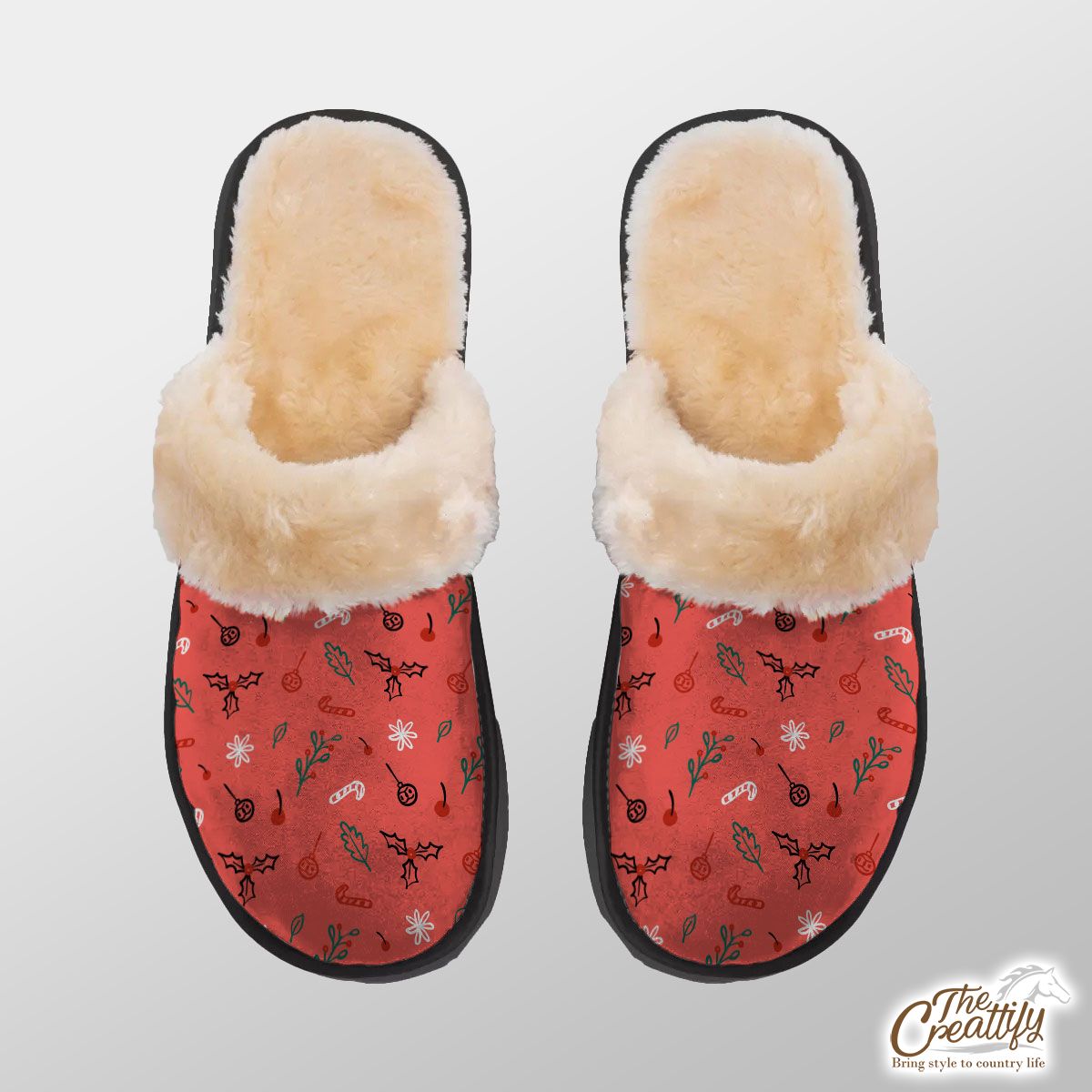 Christmas Lights, Candy Cane And Holly Tree  2 Home Plush Slippers