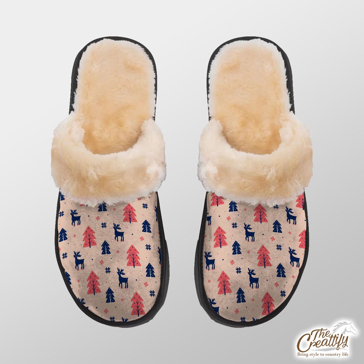 Deer And Pine Tree Sillhouette Pattern Home Plush Slippers