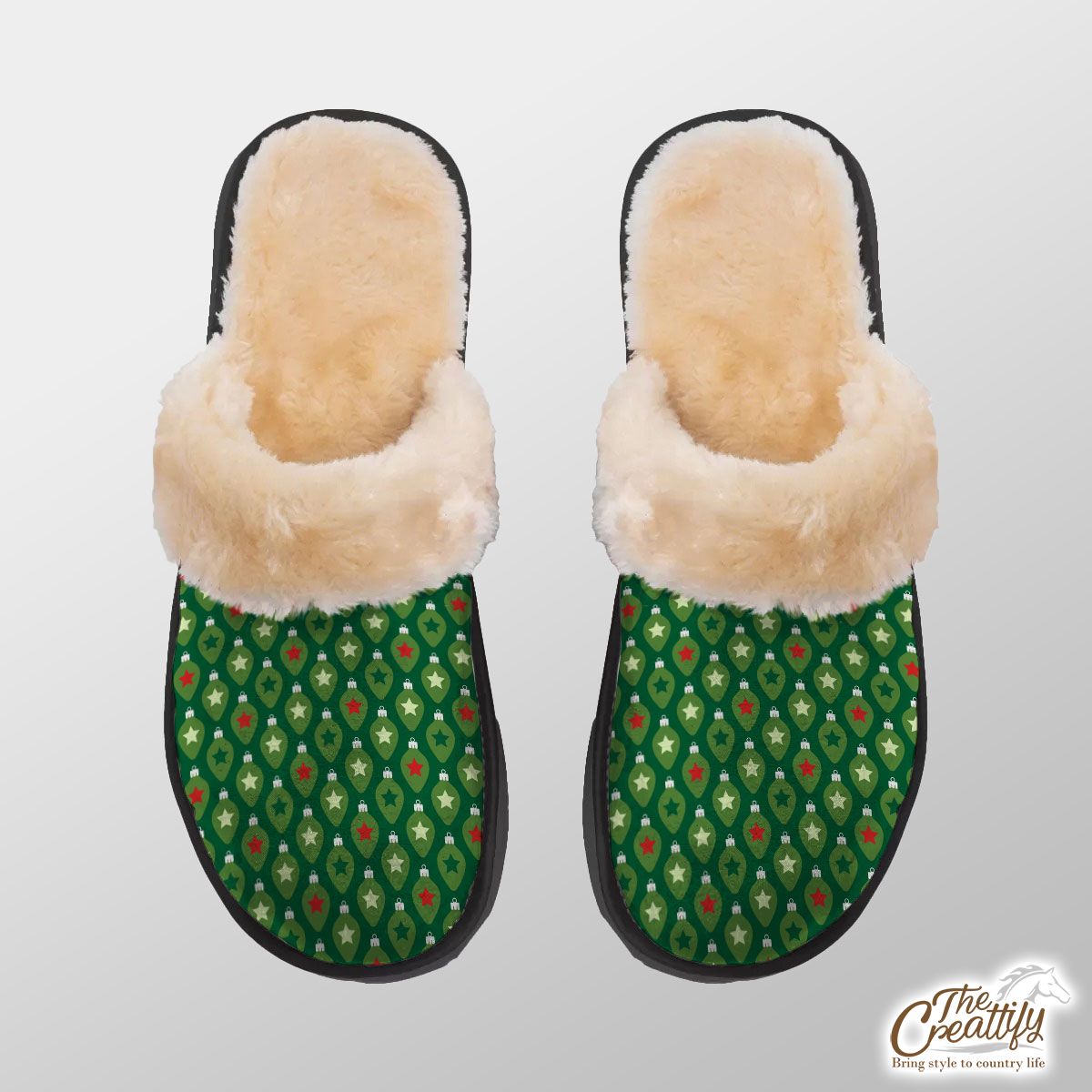 Green Christmas Lights And Colorful Stars Home Plush Slippers
