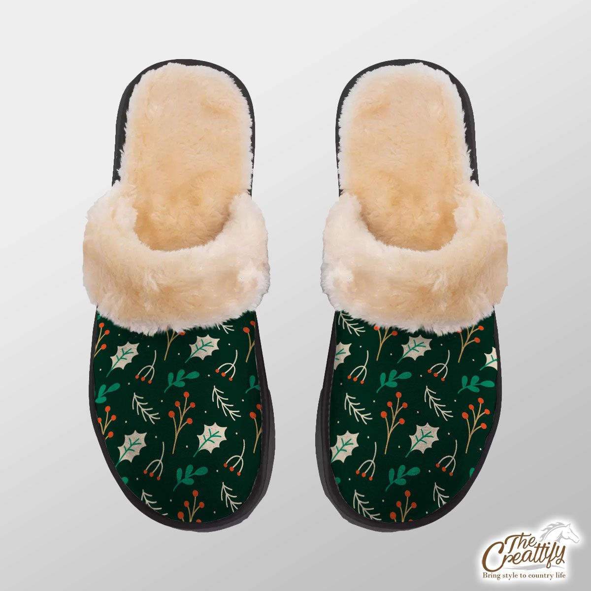 Red Berries And Holly Leaf Pattern Home Plush Slippers
