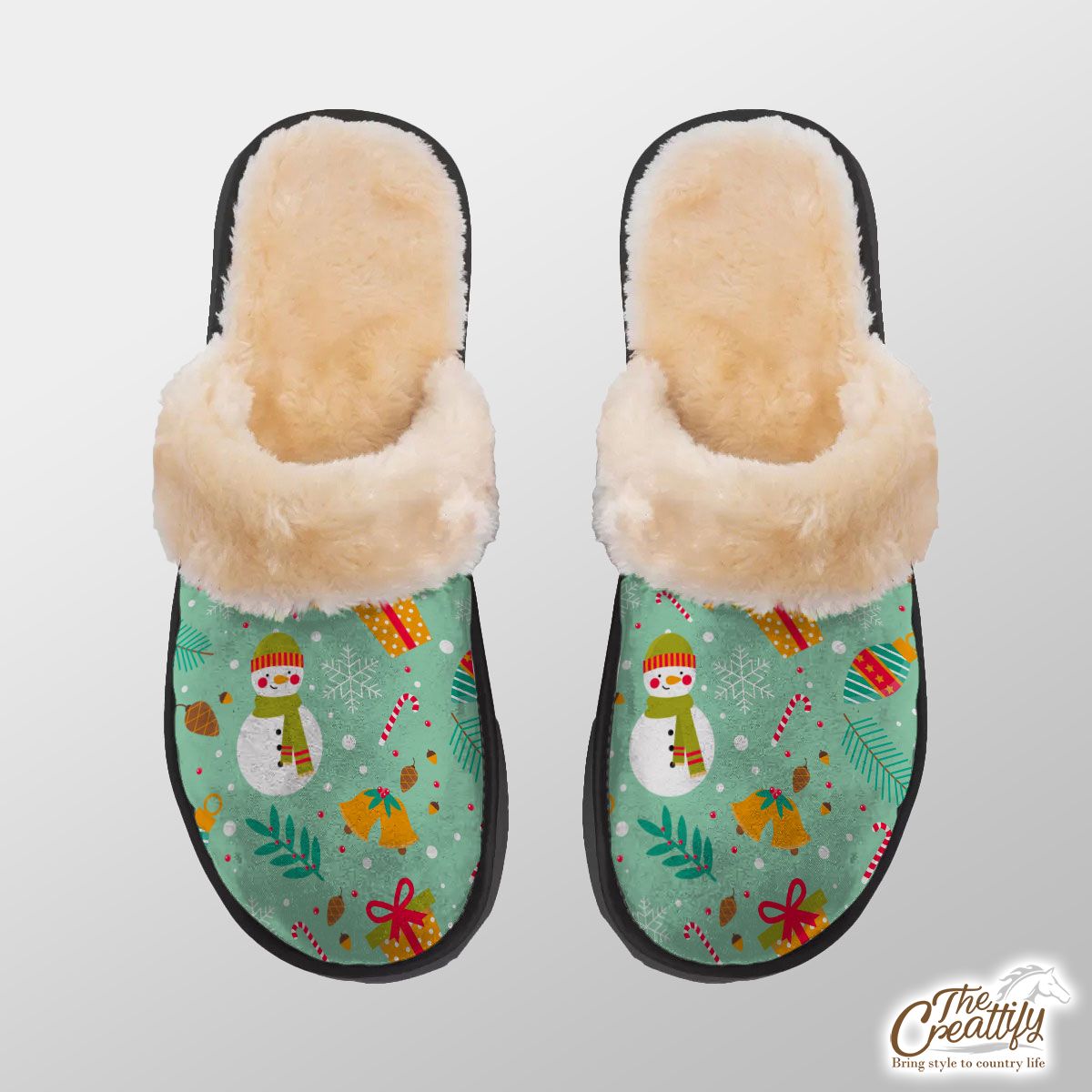 Snowman With Christmas Bells Pattern Home Plush Slippers