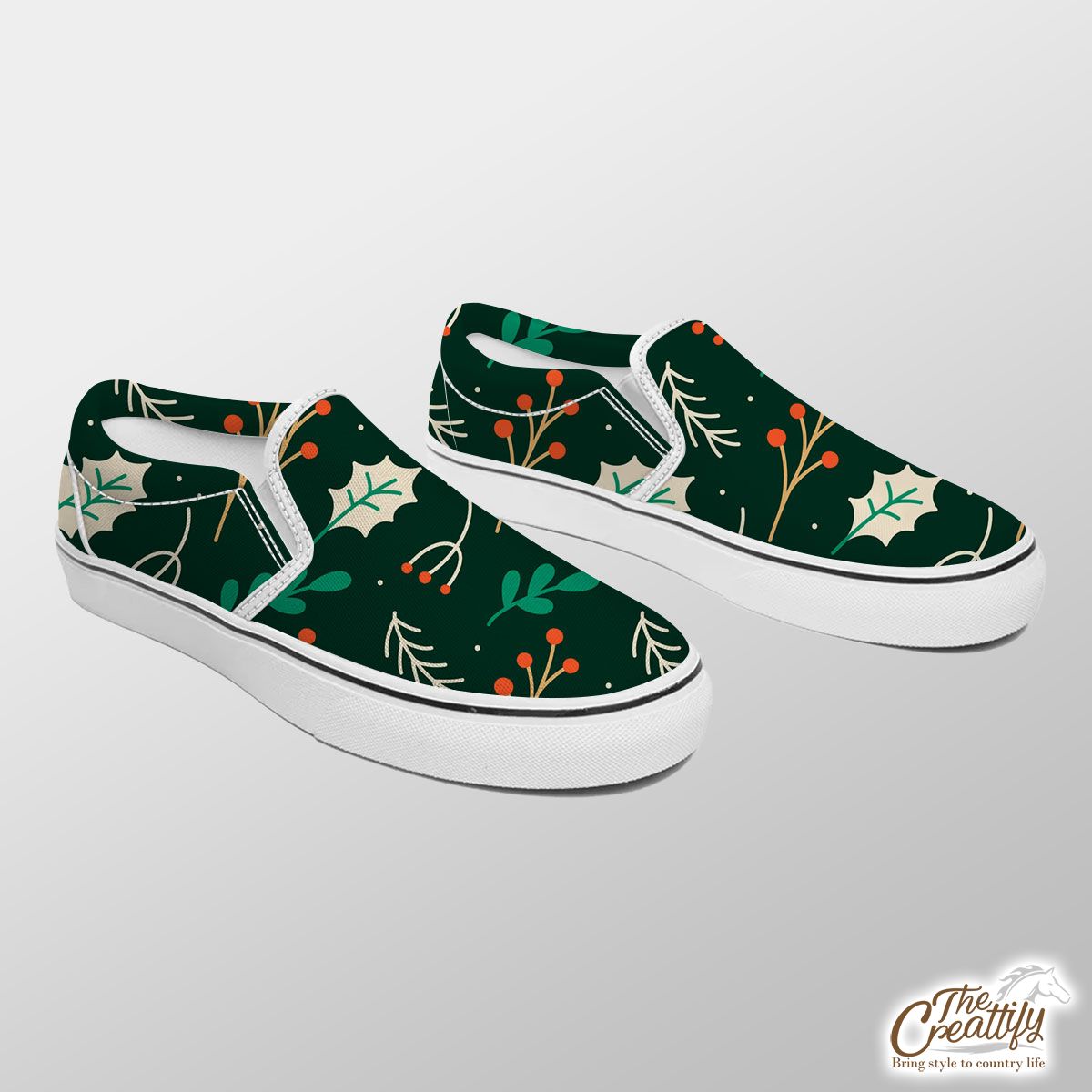 Red Berries And Holly Leaf Pattern Slip On Sneakers