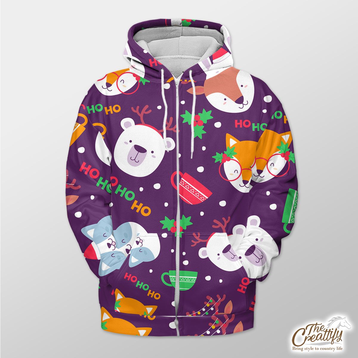 Animal With Tea Cup And Holly Tree Zip Hoodie