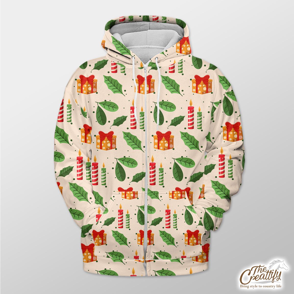 Christmas Gifts And Candles Pattern Zip Hoodie