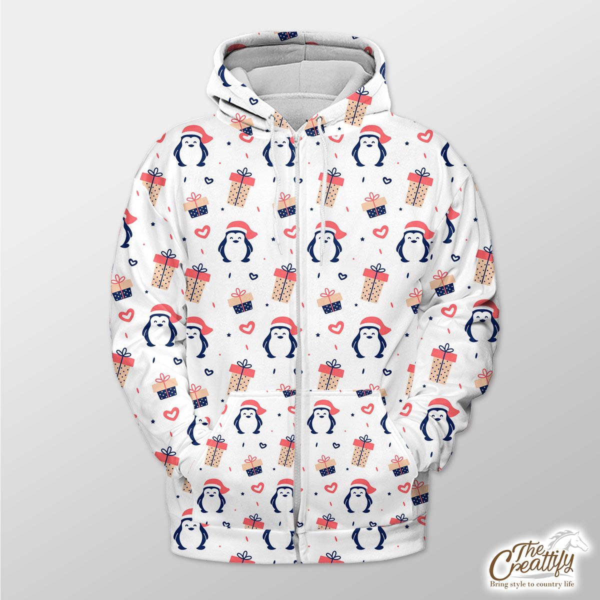 Penguin With Christmas Hat, Christmas Gifts Pattern Zip Hoodie